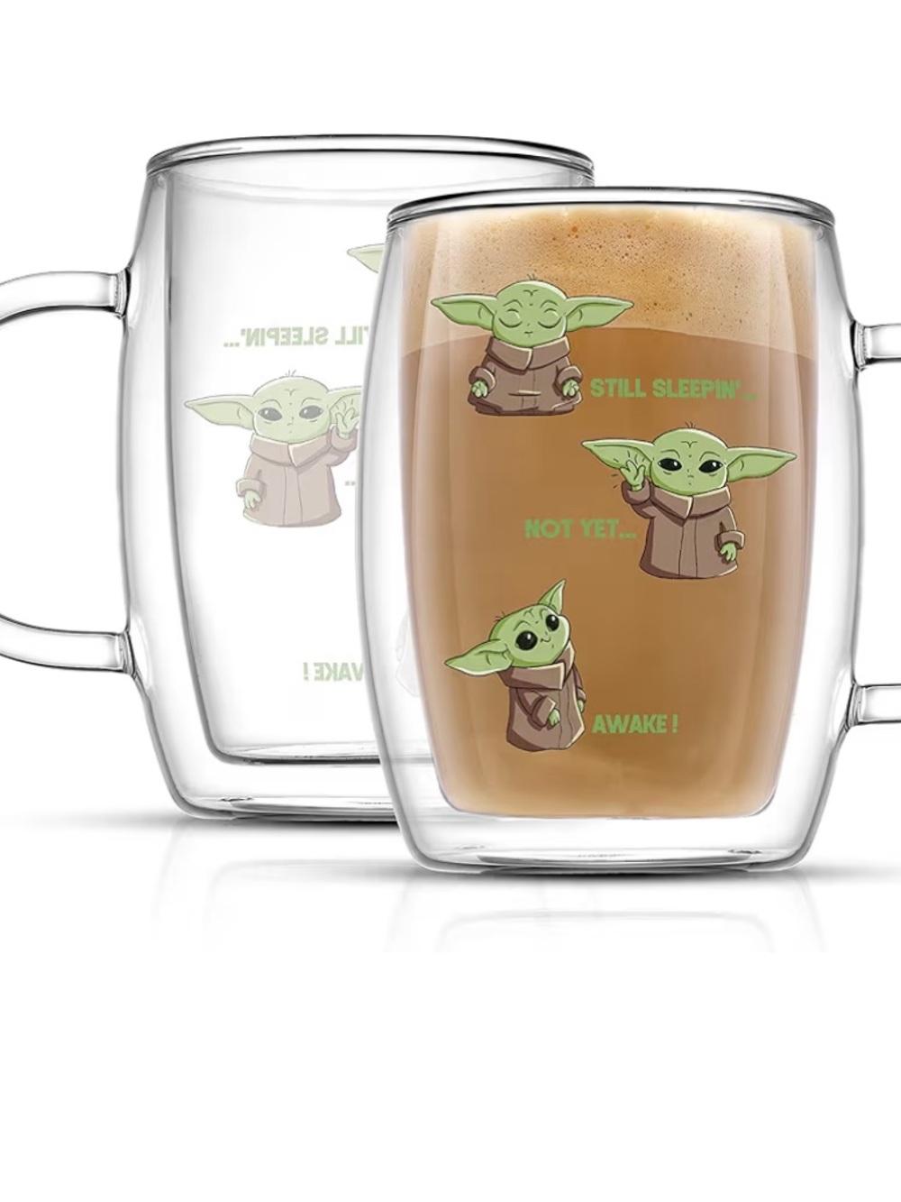 Set of 2 Star Wars The Mandalorian Grogu “Awake!” Double-Wall Glass Mug New